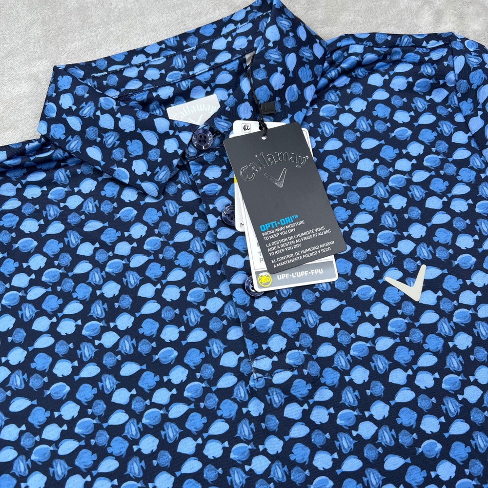 Callaway Polo Shirt Kids Medium 10/12 Blue Fish Print Opti-Dri Stretch UPF